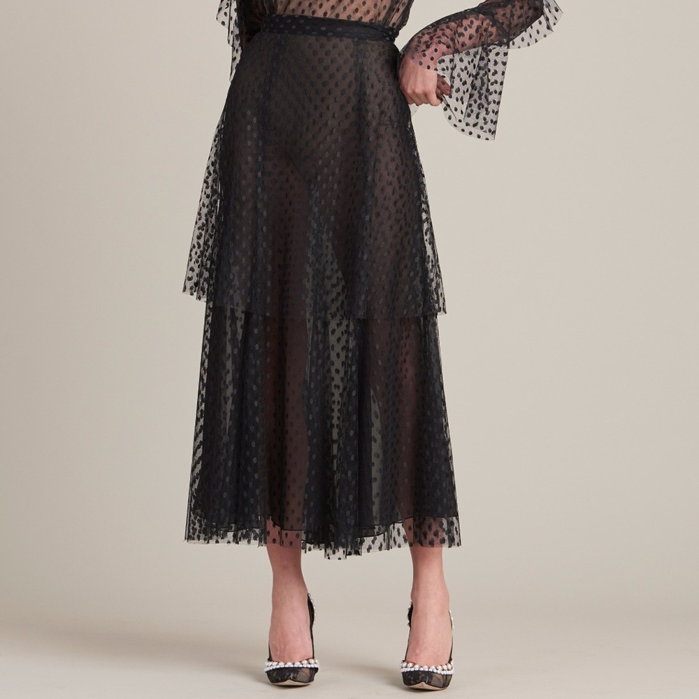 Monique Lhuillier Pre Fall 2017 RTW Black Polka Dot Tulle Long Maxi Skirt 6 USA